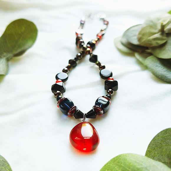 Goth Black Glass & Stone Beaded Choker with Red Teardrop Pendant, Adjustable - Picture 8 of 14